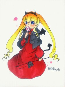 Rating: Safe Score: 0 Tags: 1girl bat_wings blonde_hair blue_eyes blush bow candy dress food hairband halloween image lollipop long_hair shinku solo striped tail twintails wings User: admin