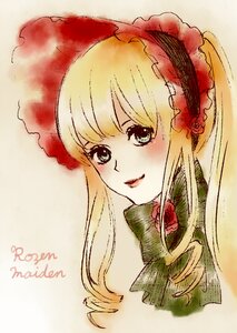 Rating: Safe Score: 0 Tags: 1girl bangs blonde_hair blue_eyes blush bonnet bow closed_mouth face flower image lips long_hair looking_at_viewer portrait rose shinku simple_background smile solo traditional_media User: admin