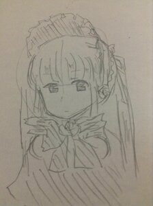 Rating: Safe Score: 0 Tags: 1girl bow dress expressionless frills greyscale image long_sleeves looking_at_viewer monochrome shinku simple_background sketch solo traditional_media upper_body User: admin