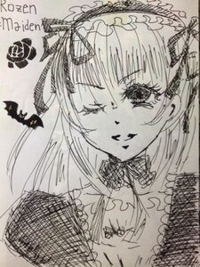 Rating: Safe Score: 0 Tags: 1girl blush frills image monochrome one_eye_closed smile solo suigintou traditional_media User: admin