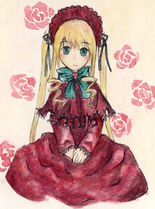 Rating: Safe Score: 0 Tags: 1girl blonde_hair blue_eyes bonnet bow bowtie dress flower green_bow green_neckwear image long_hair long_sleeves looking_at_viewer pink_flower pink_rose red_capelet red_dress rose shinku sitting solo traditional_media v_arms User: admin