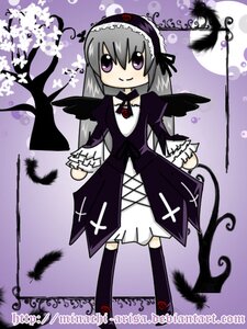 Rating: Safe Score: 0 Tags: 1girl black_wings dress feathers flower frills full_body hairband image long_hair long_sleeves looking_at_viewer purple_eyes silver_hair solo suigintou wings User: admin