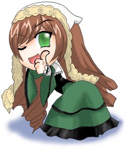 Rating: Safe Score: 0 Tags: 1girl ;d brown_hair chibi dress full_body green_dress green_eyes head_scarf image index_finger_raised long_hair long_sleeves one_eye_closed open_mouth simple_background smile solo suiseiseki very_long_hair white_background User: admin