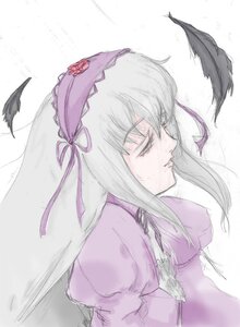 Rating: Safe Score: 0 Tags: 1girl black_wings closed_eyes dress feathers flower hairband image long_hair long_sleeves profile puffy_sleeves ribbon silver_hair simple_background solo suigintou white_background wings User: admin