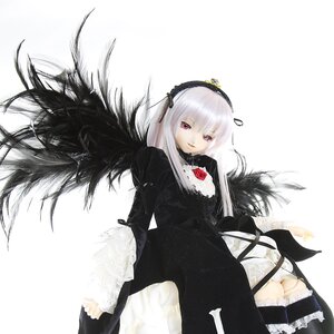 Rating: Safe Score: 0 Tags: 1girl black_wings doll dress flower frills hairband lace long_hair long_sleeves looking_at_viewer pink_eyes rose silver_hair solo suigintou white_background wings User: admin