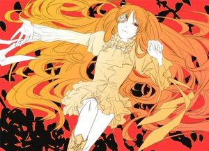 Rating: Safe Score: 0 Tags: 1girl boots dress frills image kirakishou knee_boots long_hair lying monochrome orange_background orange_hair outstretched_arms red_eyes solo two_side_up very_long_hair User: admin