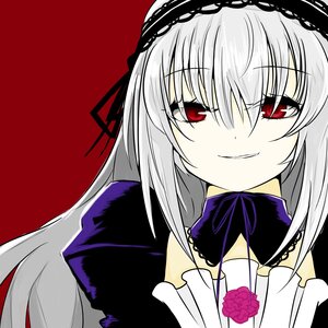 Rating: Safe Score: 3 Tags: 1girl bangs black_dress detached_collar dress eyebrows_visible_through_hair flower frills gothic_lolita grin hair_between_eyes hairband image lolita_fashion lolita_hairband long_hair long_sleeves looking_at_viewer red_background red_eyes rose simple_background smile solo suigintou User: admin