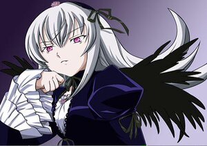 Rating: Safe Score: 0 Tags: 1girl black_wings dress feathered_wings flower frilled_sleeves frills hairband image long_hair long_sleeves looking_at_viewer pink_eyes ribbon silver_hair simple_background solo suigintou upper_body wings User: admin