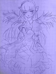 Rating: Safe Score: 0 Tags: 1girl bow dress evil_smile frills image long_hair long_sleeves looking_at_viewer monochrome purple_theme simple_background sketch smile solo suigintou traditional_media very_long_hair wings User: admin