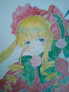 Rating: Safe Score: 0 Tags: 1girl bangs blonde_hair blue_background blue_eyes bonnet bow bowtie closed_mouth dress drill_hair flower green_bow green_neckwear image long_hair long_sleeves looking_at_viewer pink_flower pink_rose rose shinku sidelocks simple_background solo traditional_media upper_body watercolor_(medium) User: admin