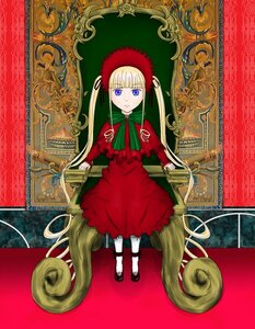 Rating: Safe Score: 0 Tags: 1girl blonde_hair blue_eyes bonnet bow bowtie cup dress full_body green_bow image long_hair looking_at_viewer pantyhose red_dress shinku shoes sitting solo twintails very_long_hair white_legwear User: admin