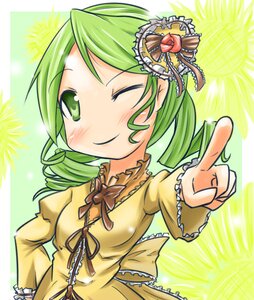 Rating: Safe Score: 0 Tags: 1girl blush dress frills green_eyes green_hair image kanaria long_sleeves one_eye_closed smile solo User: admin