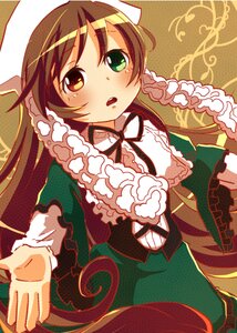 Rating: Safe Score: 0 Tags: 1girl blush brown_hair dress frills green_dress green_eyes hat head_scarf heterochromia image long_hair long_sleeves looking_at_viewer open_mouth red_eyes ribbon solo suiseiseki very_long_hair User: admin