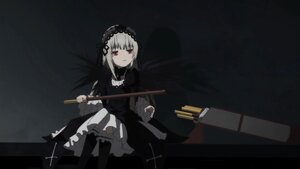 Rating: Safe Score: 0 Tags: 1girl black_background black_dress black_legwear closed_mouth cross dress frills hairband holding image long_sleeves looking_at_viewer red_eyes sitting solo suigintou weapon User: admin