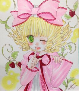 Rating: Safe Score: 0 Tags: 1girl artist_name blonde_hair blush bow finger_to_mouth flower fruit green_eyes hair_bow hina_ichigo hinaichigo image long_sleeves marker_(medium) pink_bow shikishi short_hair signature solo traditional_media upper_body watercolor_(medium) User: admin