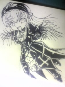 Rating: Safe Score: 0 Tags: 1girl dress frills hairband image lolita_hairband long_hair long_sleeves monochrome open_mouth photo solo suigintou traditional_media wings User: admin