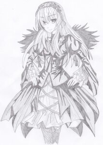 Rating: Safe Score: 0 Tags: 1girl closed_mouth dress frilled_sleeves frills greyscale hairband image long_hair long_sleeves looking_at_viewer monochrome smile solo standing suigintou traditional_media User: admin