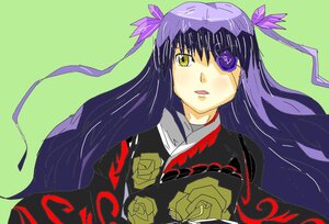 Rating: Safe Score: 0 Tags: 1girl barasuishou black_kimono eyepatch green_background hair_ribbon image japanese_clothes kimono long_hair looking_at_viewer purple_hair ribbon simple_background solo upper_body yellow_eyes User: admin