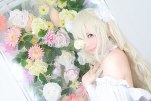 Rating: Safe Score: 0 Tags: 1girl animal_ears bare_shoulders blonde_hair bouquet dress flower kirakishou lily_(flower) lips long_hair looking_at_viewer pink_flower solo white_flower white_rose yellow_eyes User: admin