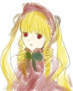 Rating: Safe Score: 0 Tags: 1girl blonde_hair bow bowtie dress image long_hair long_sleeves red_eyes ribbon shinku simple_background solo twintails upper_body white_background User: admin