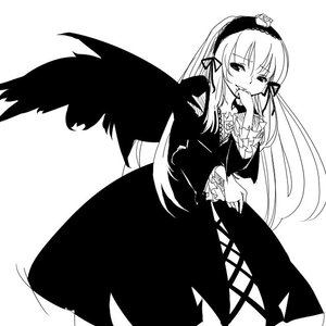 Rating: Safe Score: 3 Tags: 1girl dress frills greyscale hairband image long_hair long_sleeves looking_at_viewer monochrome rose solo suigintou very_long_hair wings User: admin