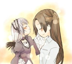 Rating: Safe Score: 0 Tags: 2girls blush brown_hair closed_eyes dress image kakizaki_megu long_hair long_sleeves multiple_girls smile solo suigintou upper_body yuri User: admin