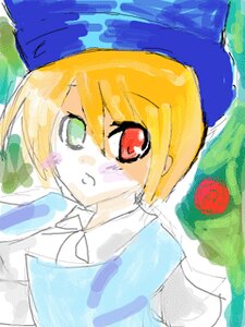Rating: Safe Score: 0 Tags: 1girl beret blonde_hair blue_headwear closed_mouth eyebrows_visible_through_hair green_eyes hair_between_eyes hat heterochromia image long_sleeves looking_at_viewer red_eyes solo souseiseki upper_body User: admin