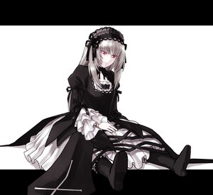 Rating: Safe Score: 3 Tags: 1girl auto_tagged black_dress black_footwear boots closed_mouth dress frills full_body gothic_lolita hairband image letterboxed lolita_fashion long_hair long_sleeves looking_at_viewer pale_skin puffy_sleeves red_eyes ribbon sitting solo suigintou white_background User: admin