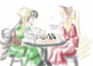 Rating: Safe Score: 0 Tags: 2girls blonde_hair bonnet cup dress drill_hair head_scarf image long_hair long_sleeves multiple_girls pair profile shinku suigintou suiseiseki table teacup very_long_hair User: admin