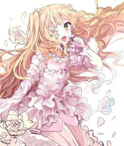 Rating: Safe Score: 0 Tags: 1girl blonde_hair dress eyepatch flower frills green_eyes image kirakishou long_hair long_sleeves open_mouth petals rose solo two_side_up very_long_hair User: admin