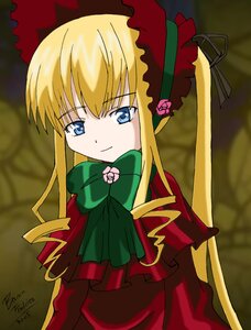 Rating: Safe Score: 0 Tags: 1girl blonde_hair blue_eyes bonnet bow bowtie dress green_bow green_neckwear image long_hair long_sleeves looking_at_viewer red_dress rose shinku sidelocks solo twintails upper_body User: admin