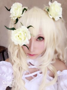 Rating: Safe Score: 0 Tags: 1girl artist_name bangs blonde_hair closed_mouth face flower green_eyes kirakishou lily_(flower) lips long_hair looking_at_viewer portrait realistic rose signature solo white_flower white_rose User: admin