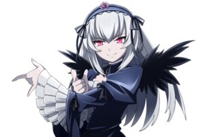 Rating: Safe Score: 3 Tags: 1girl black_wings dress flower frilled_sleeves frills hairband image index_finger_raised juliet_sleeves long_hair long_sleeves looking_at_viewer pink_eyes pointing ribbon rose silver_hair simple_background smile solo striped suigintou white_background wings User: admin