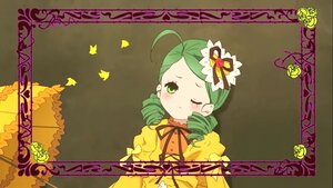 Rating: Safe Score: 0 Tags: 1girl ahoge bug butterfly card_(medium) dress drill_hair flower green_eyes green_hair gun hair_ornament image insect kanaria one_eye_closed ribbon solo twin_drills twintails weapon User: admin