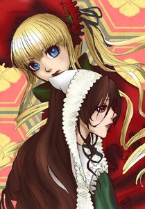 Rating: Safe Score: 0 Tags: 2girls blonde_hair blue_eyes bonnet brown_hair dress drill_hair flower hat head_scarf image long_hair multiple_girls pair red_dress rose shinku suigintou suiseiseki User: admin