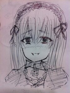 Rating: Safe Score: 0 Tags: 1girl blush closed_mouth eyebrows_visible_through_hair hairband image long_hair looking_at_viewer monochrome simple_background sketch smile solo suigintou traditional_media User: admin