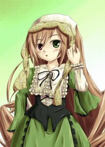 Rating: Safe Score: 0 Tags: 1girl blush brown_hair dress frills green_background green_dress green_eyes head_scarf heterochromia image long_hair long_sleeves looking_at_viewer red_eyes ribbon simple_background solo suiseiseki very_long_hair User: admin