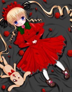 Rating: Safe Score: 0 Tags: 1girl blonde_hair blue_eyes blush bow dress drill_hair flower image lolita_fashion long_hair long_sleeves pantyhose petals red_flower red_rose rose rose_petals shinku shoes solo stuffed_animal twintails white_legwear User: admin