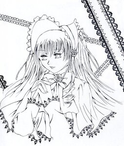 Rating: Safe Score: 0 Tags: 1girl bow dress flower frills greyscale image long_hair long_sleeves monochrome rose shinku solo upper_body User: admin