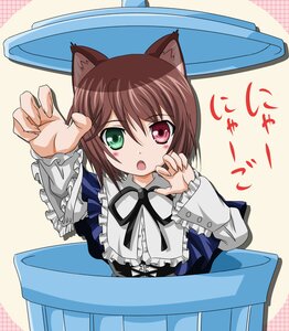 Rating: Safe Score: 0 Tags: 1girl :o animal_ears blush brown_hair cat_ears commentary_request fang frills green_eyes heterochromia image in_box in_container long_sleeves looking_at_viewer nyan open_mouth paw_pose red_eyes rozen_maiden short_hair solo souseiseki suiseiseki table takumi_(rozen_garten) trash_can yellow_background User: admin