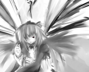 Rating: Safe Score: 0 Tags: 1girl dress greyscale hair_over_one_eye image long_hair long_sleeves looking_at_viewer monochrome puffy_sleeves rose solo suigintou wings User: admin