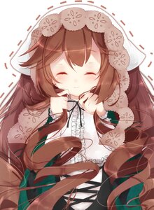 Rating: Safe Score: 0 Tags: 1girl blush brown_hair closed_eyes closed_mouth dress eyebrows_visible_through_hair facing_viewer frills image long_hair long_sleeves solo suiseiseki very_long_hair white_background User: admin