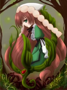 Rating: Safe Score: 0 Tags: 1girl brown_hair dress frills green_dress green_eyes image long_hair long_sleeves outdoors plant ribbon sitting solo suiseiseki tree very_long_hair vines watering_can User: admin