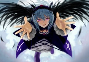 Rating: Safe Score: 3 Tags: 1girl black_wings commentary_request dress feathers flower foreshortening frills hairband hands image kuroi lolita_hairband long_hair long_sleeves looking_at_viewer open_mouth photoshop_(medium) purple_eyes ribbon rozen_maiden smile solo suigintou wings User: admin