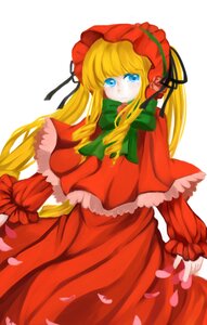 Rating: Safe Score: 0 Tags: 1girl blonde_hair blue_eyes bow bowtie capelet dress green_bow green_neckwear image long_hair long_sleeves looking_at_viewer petals red_dress rose shinku simple_background solo tears white_background User: admin