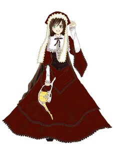 Rating: Safe Score: 0 Tags: 1girl brown_hair dress frills full_body green_eyes image lolita_fashion long_hair long_sleeves looking_at_viewer ribbon simple_background smile solo standing suiseiseki very_long_hair white_background User: admin