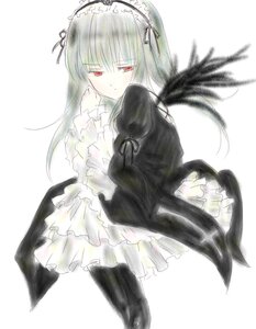 Rating: Safe Score: 0 Tags: 1girl bangs black_wings closed_mouth dress frilled_sleeves frills hairband image long_hair long_sleeves looking_at_viewer red_eyes ribbon simple_background solo striped suigintou vertical_stripes white_background wings User: admin