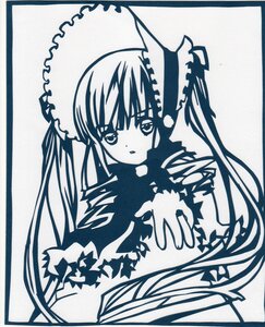 Rating: Safe Score: 0 Tags: 1girl bangs bonnet dress image long_hair long_sleeves looking_at_viewer monochrome shinku simple_background solo traditional_media User: admin