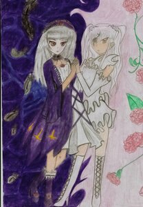 Rating: Safe Score: 0 Tags: 2girls boots dress flower holding_hands image kirakishou long_hair multiple_girls pair purple_rose red_eyes rose suigintou traditional_media watercolor_(medium) white_hair User: admin