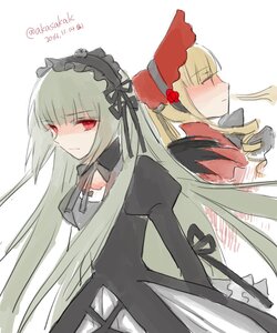 Rating: Safe Score: 0 Tags: 2girls blonde_hair bonnet dress frills hairband image long_hair long_sleeves multiple_girls pair red_eyes shinku simple_background suigintou white_background User: admin